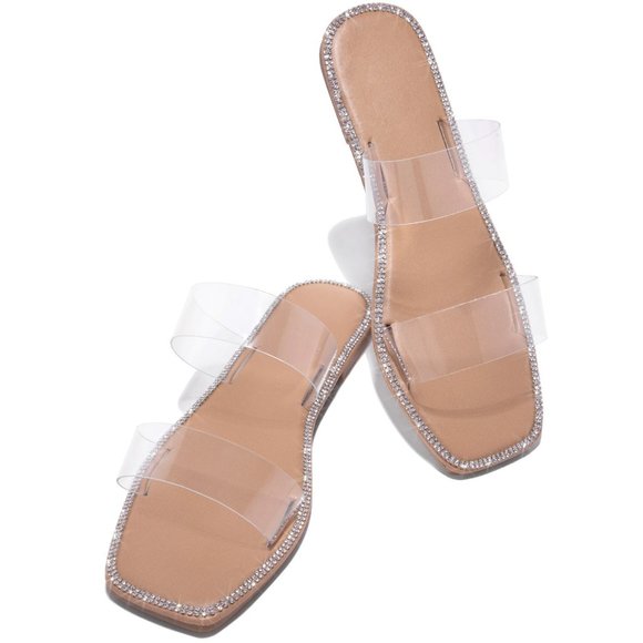 NEW Clear Sparkly Rhinestone Embellished Double Straps Slip On Slides Sandals - Picture 3 of 15
